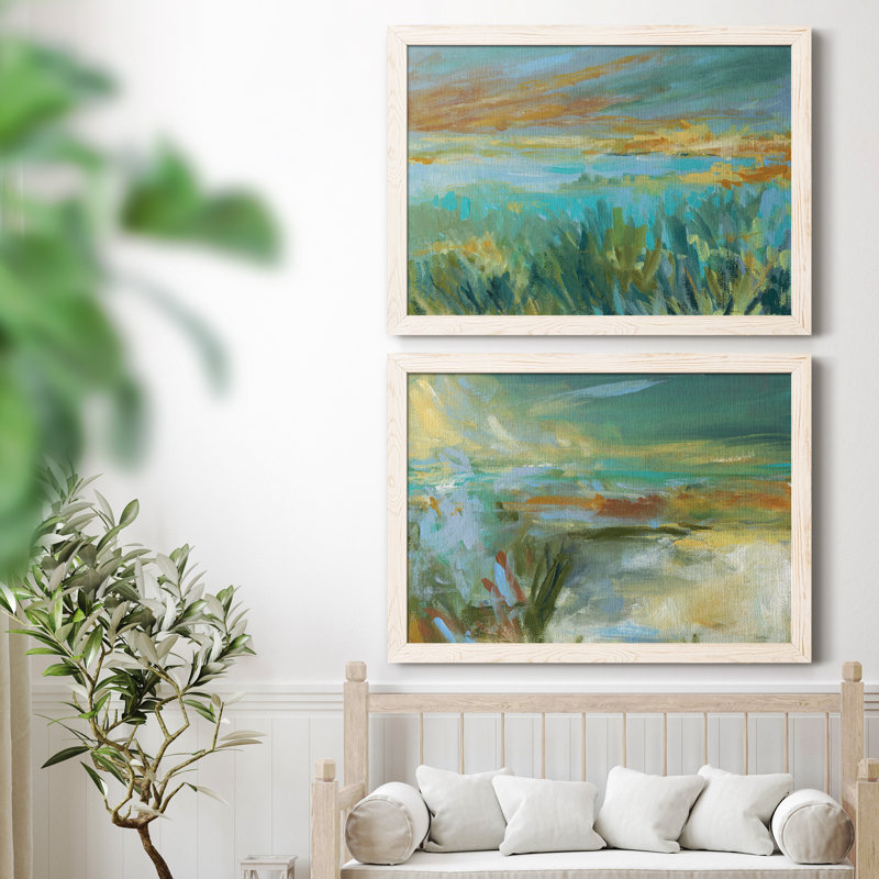 Grassy Beach - Ensemble de 2 peintures sur toile encadrées, H 31,5 po x l 47 po x P 1,5 po, Cadre blanc