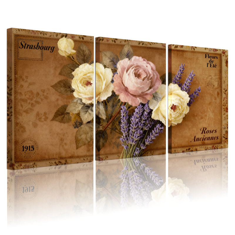 Ensemble de 3 reproductions d'art sur toile rétro vintage floral 1915, H 24 po x l 48 po