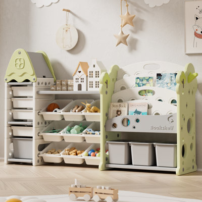 Jameek Kids Toy Storage Organizer with 17 Removable Bins, 4-Tier Bookshelf for Kids, Multi-Purpose Castle-Shaped Toy Organizer 