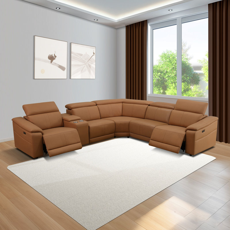 Lilette Yellow Brown Top Breathing Leather V Shaped Living Room Recliner Sofa Set, with USB charging
