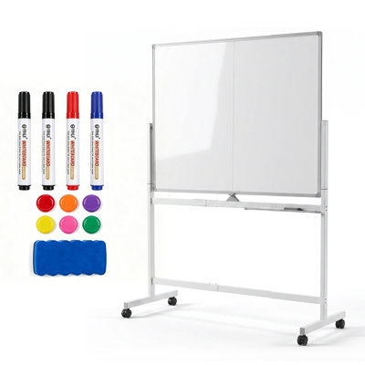Tableau blanc magnétique rotatif effaçable à sec à double face sur roulettes avec support - roulettes verrouillables, surface facile à nettoyer, plateau de marqueurs - noir, 48 po x 48 po