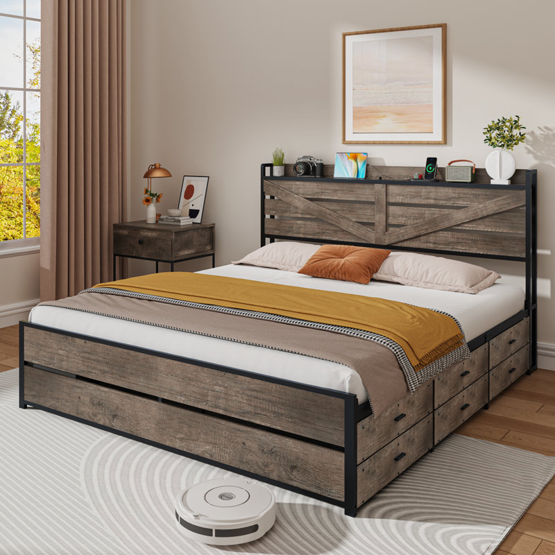 Modern Bed Frame with 12 Drawers and Open Storage Headboard,Charging Station,No Box Spring Needed , Queen, Oak