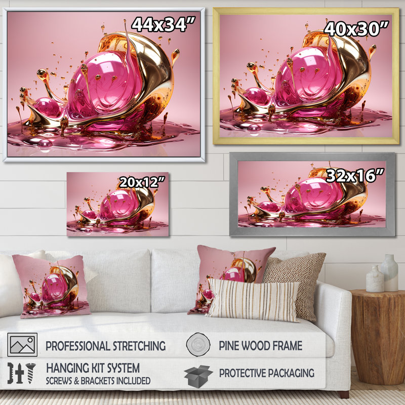 Art liquide avec effervescence glam or rose, Cadre flottant noir, H 12 po x l 20 po x P 1 po