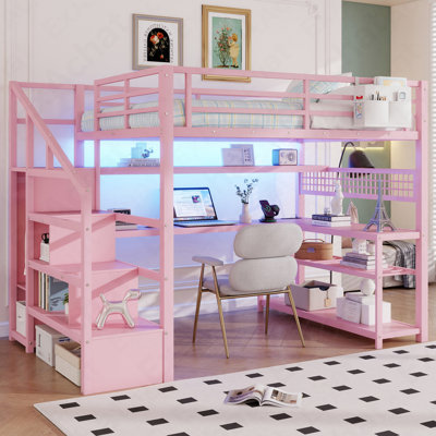 Full Size Loft Bed With Staircase And Wardrobe, Metal Loft Bed With Desk, Storage Shelves, LED Lights And Charge Station, Pink