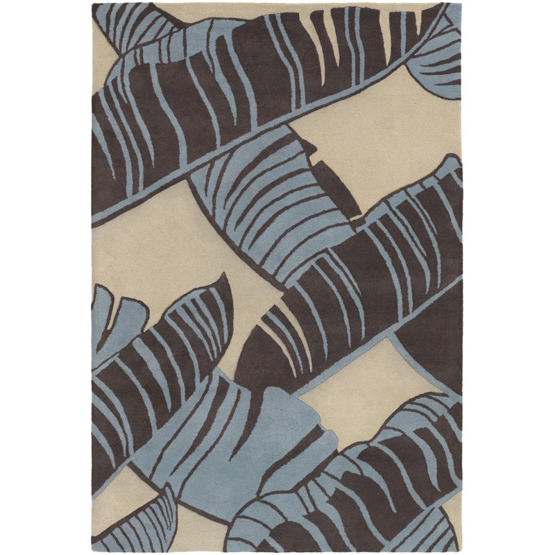 Tapis en laine de bananier tropical vert touffeté à la main Citteri, Bleu / gris / ivoire, Rectangle 7 pi 9 po x 10 pi 6 po