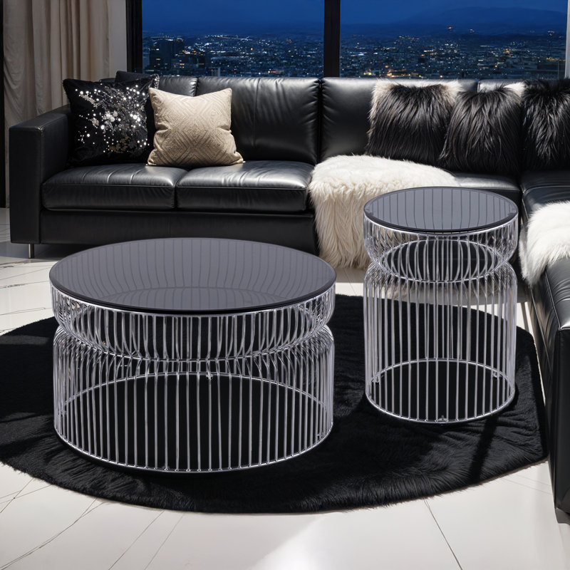 Ensemble de table (table basse et table de bout) - Plateau en verre avec base en métal, Argent argent