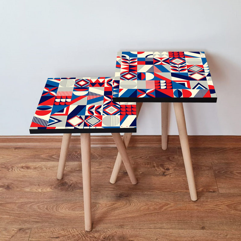 Ensemble de 2 tables gigognes modernes, conception géométrique, pieds en bois de hêtre, 13,8 po x 18,5 po x 13,8 po et 13,8 po x 16,5 po x 13,8 po | 100% panneau de fibres à densité moyenne, épaisseur: 0,7 po | Élégant et fonctionnel pour la décoration de salon et de bureau