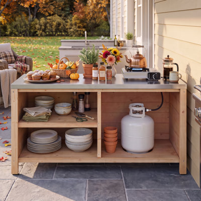 51.2-Inch Cedar Outdoor Kitchen Grill Cabinet with Stainless Steel Countertop and Propane Tank Storage - Natural