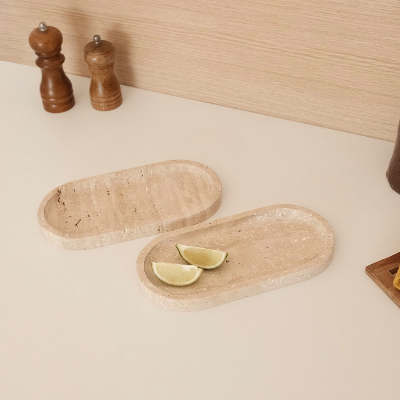 Elegant Travertine Marble Platter Set (2 Pieces), Beige, 9.8 x 4.7 x 0.8 inches | 100% Natural Stone, Perfect for Serving Appetizers & Desserts | Stylish & Durable Design for Entertaining & Home Decor