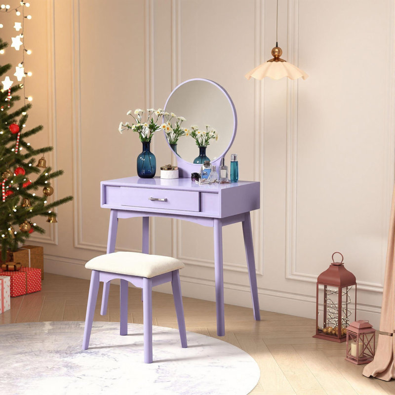 Contemporary Wood Vanity And Stool Set With Drawer, Purple