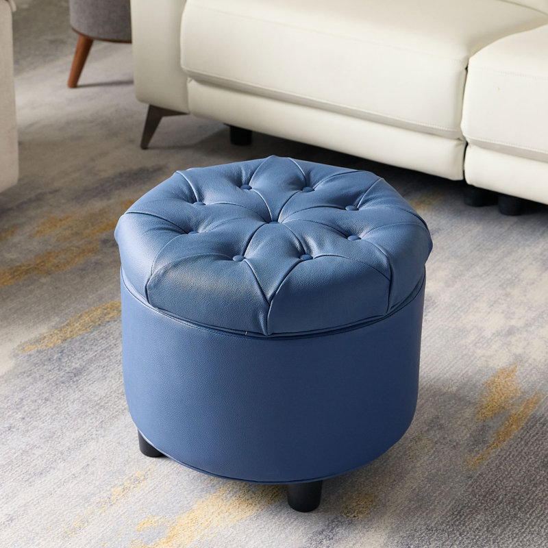2 Piece Genuine Leather Tufted Round Storage Footstool Ottoman Set , Blue