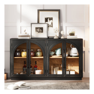 Grande armoire-buffet à 4 portes avec portes vitrées, armoire arquée avec tablettes réglables pour la cuisine, la salle à manger et le salon (noir)