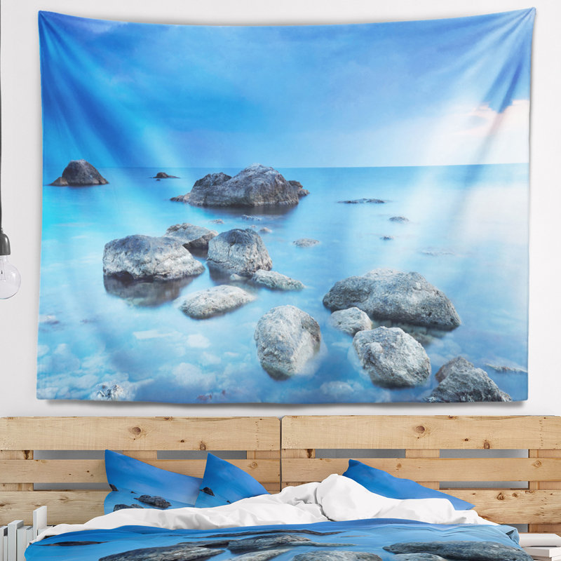 Tapisserie de mer bleu rocky seascape, H 68 po x l 80 po