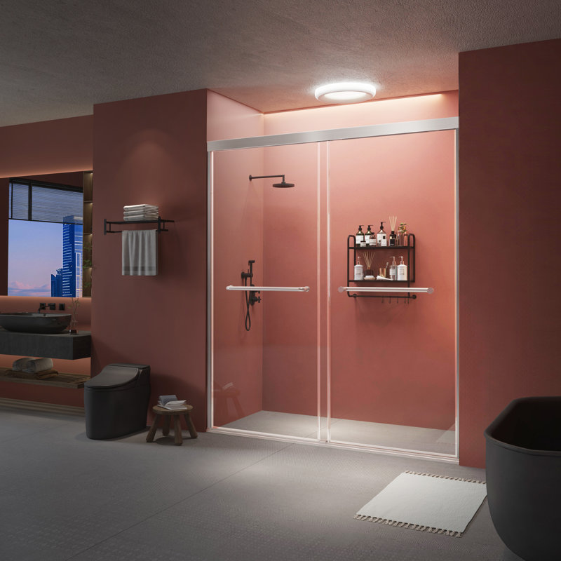 51–54 in W x 72 in H Modern Double Sliding Shower Door,  1/4 in (6mm) Tempered Glass, Brushed Nickel Aluminum Frame