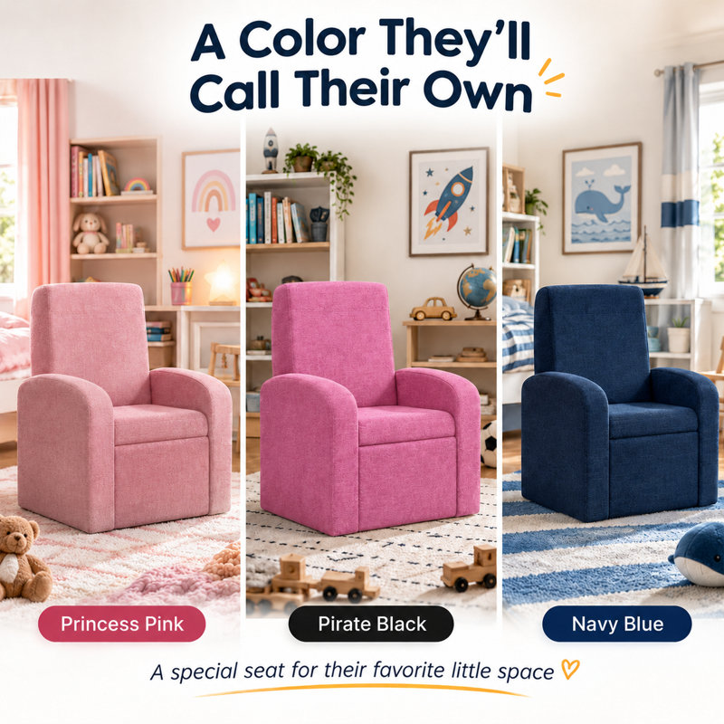 STASH 3-in-1 Kids Chair with Storage, Upholstered Seat and Fold-Down Ottoman , Magenta Pink