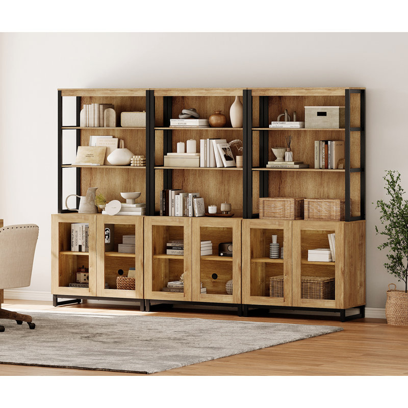  Ensemble de bureau personnel: bureau moderne de 59 po avec station de charge et armoire de rangement, trois bibliothèques de 72 po de hauteur avec tablettes réglables, bureau d'ordinateur en bois et armoire de rangement pour bibliothèque