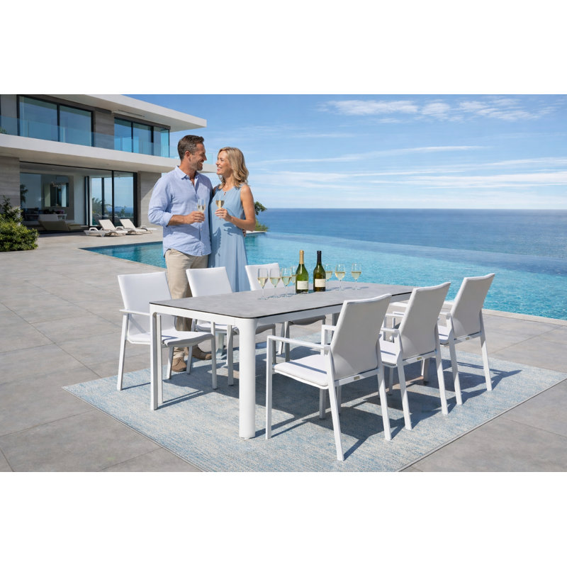 Ensemble de salle à manger d'extérieur blanc en aluminium 7 pièces Thompkins, 7 pièces : table, 6 chaises