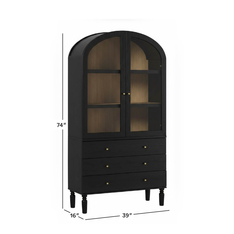 Holzhauer Modern Arched Glass Bookcase With Drawers, Black