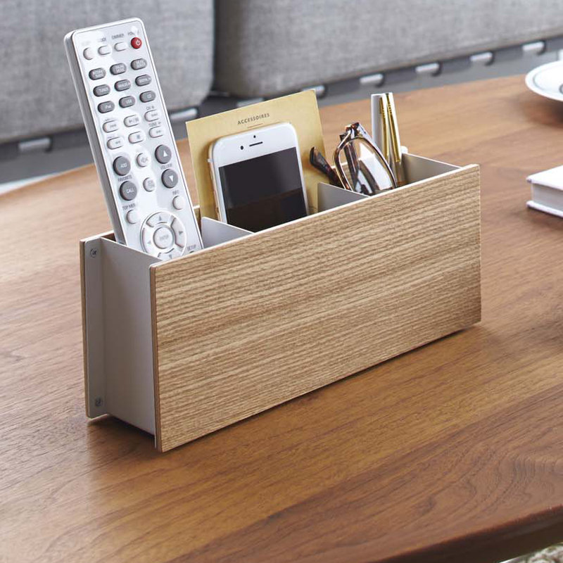 Yamazaki Home Desk Organizer - Tv Remote Control And Pen Holder, Steel + Wood, Beige
