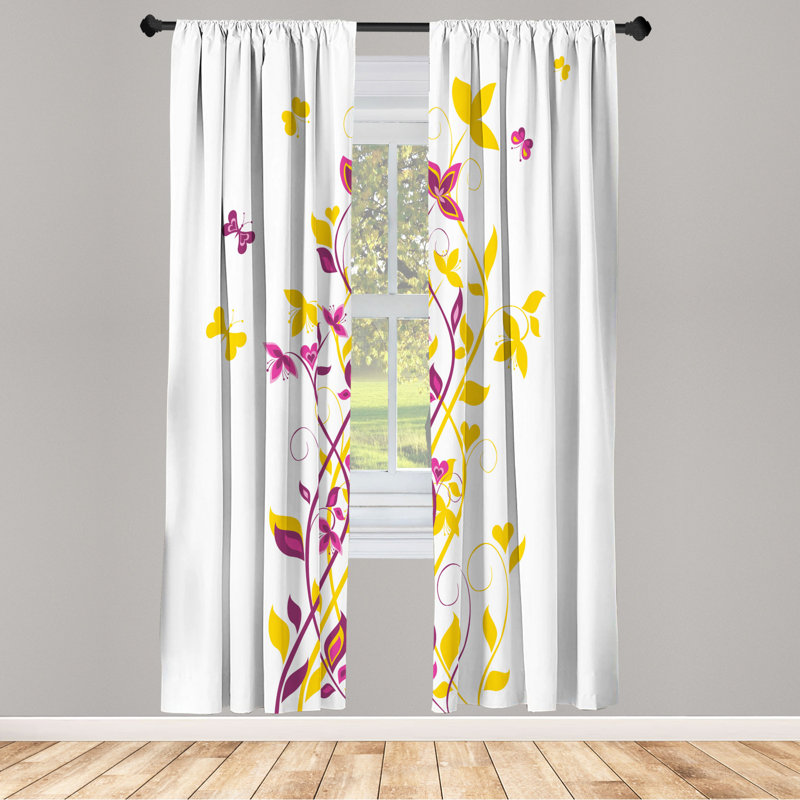 Microfiber Floral Semi-Sheer Rod Pocket Curtain Panels, 28" W x 63" L, Yellow/Dark Purple/White