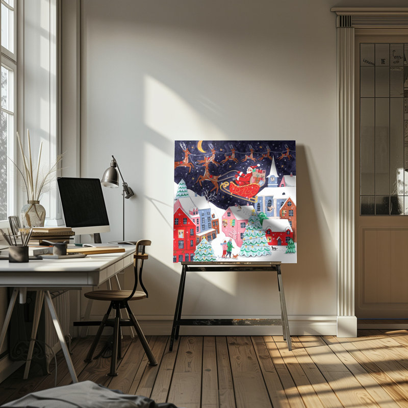 "Père Noël et ses rennes", art mural sur toile tendue, H 24 po x l 24 po