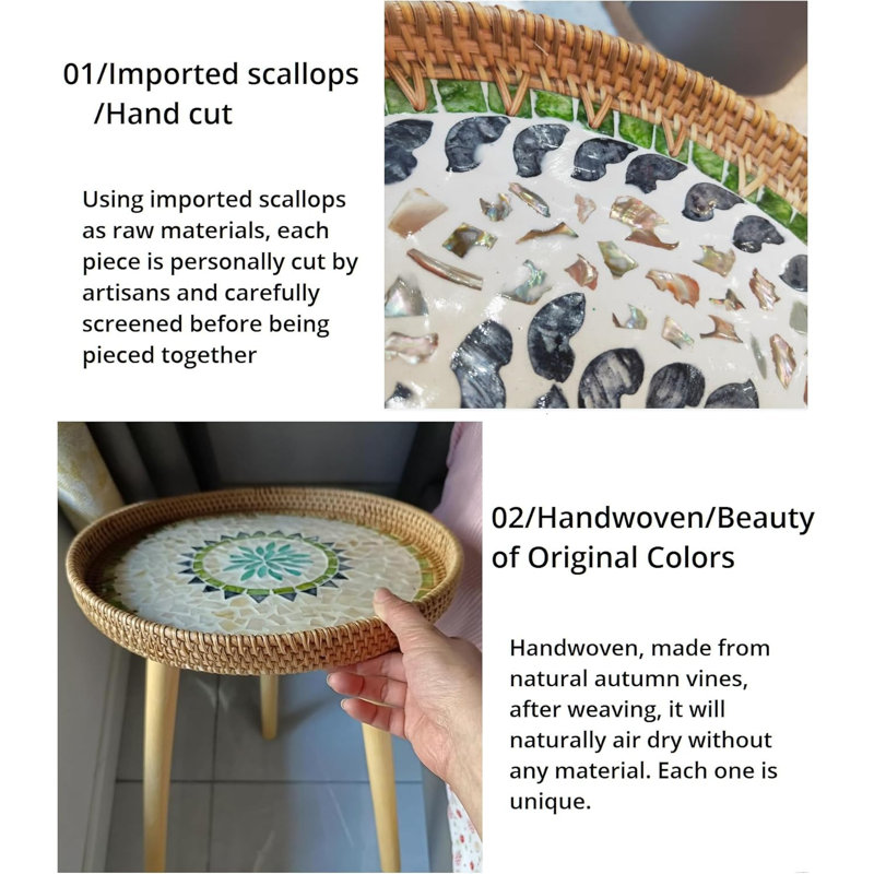 Mother-Of-Pearl Inlaid Rattan Side Table - 3-Leg Stabilized Accent Table With Raised Edges For Plants, Books & Decor (40Cm Compact Design, 1-Min Assembly)