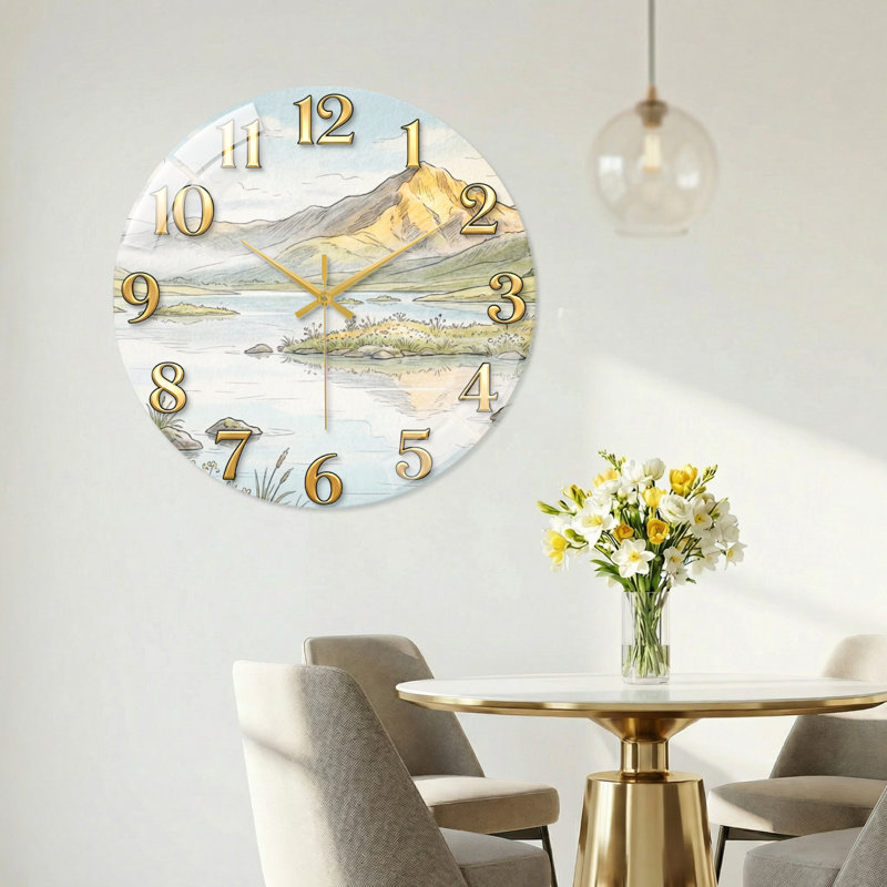 "Mountain Lake", horloge murale en verre, 60 x 60 cm (23,6 x 23,6 pouces)