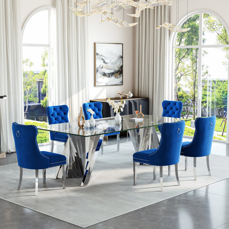 Ensemble de salle à manger pour 6 personnes, Bleu / Argent, Argent argent