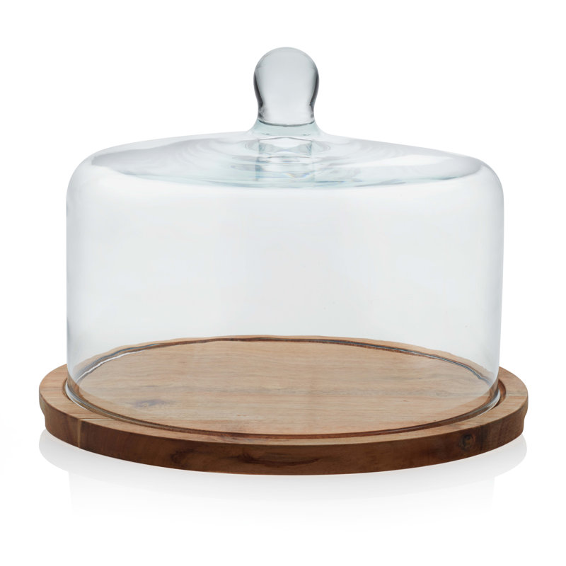 Acacia Wood Round Cake Stand with Glass Dome Lid