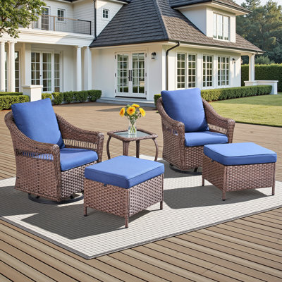 Chaises de patio à bascule pivotantes pour l'extérieur avec coussin épais de 4 po - ensemble bistro 5 pièces en osier avec table d'appoint, fauteuils coulissants d'extérieur à haut dossier pour balcon, porche, terrasse, bord de piscine