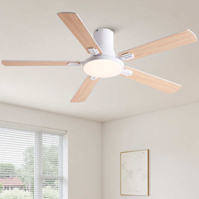 52-Inch White Flush Mount Ceiling Fan Light with Remote&Wall Control,5 Reversible Blades with Dimmable LED 3CCT,6 Speed,Timer for Bedroom,Living Room,Patio,Balcony.