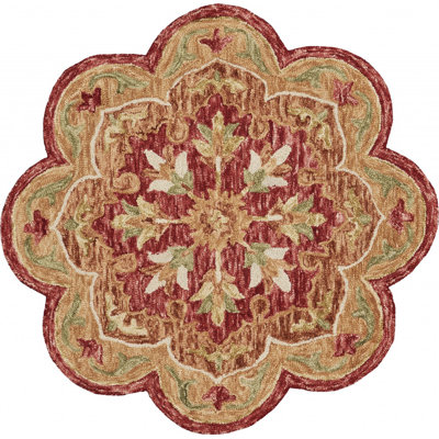Tapis rond rouge / beige en laine noué à la main Padula