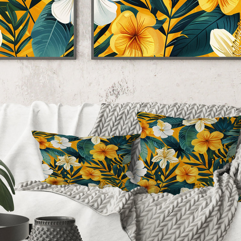 Coussin décoratif fleurs jaunes et vertes - fleurs tropicales, H 18 po x l 18 po