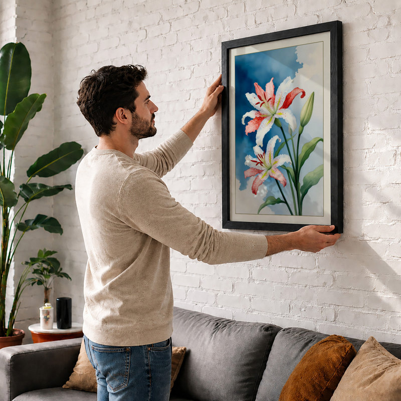 Pink Blooms in Blue Botanical - Framed Print, A2 - 59.4 x 42.0 cm, Black