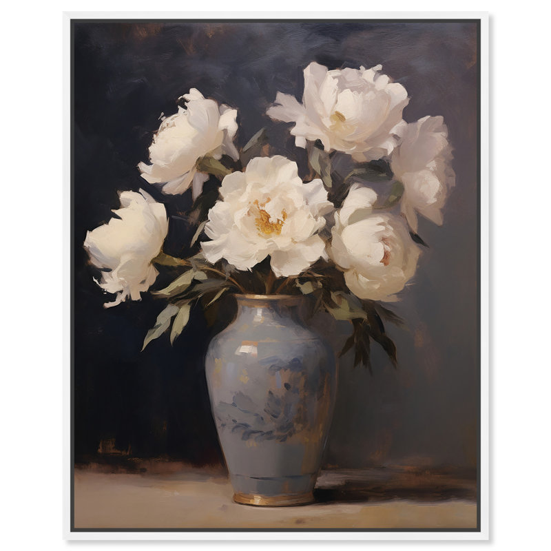 Fleurs dans un vase en porcelaine, art mural classique par Art Remedy, Cadre blanc, H 21 po x l 17 po