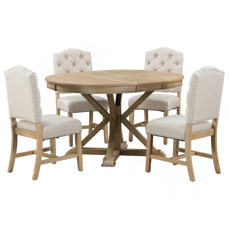 Ensemble de table de salle à manger fonctionnelle avec table extensible et 4 chaises rembourrées pour salle à manger et salon (bois naturel délavé)
