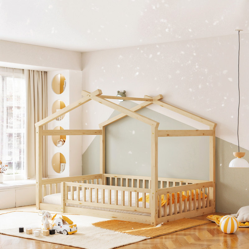 Cadre de lit en bois avec clôture, Double, Naturel