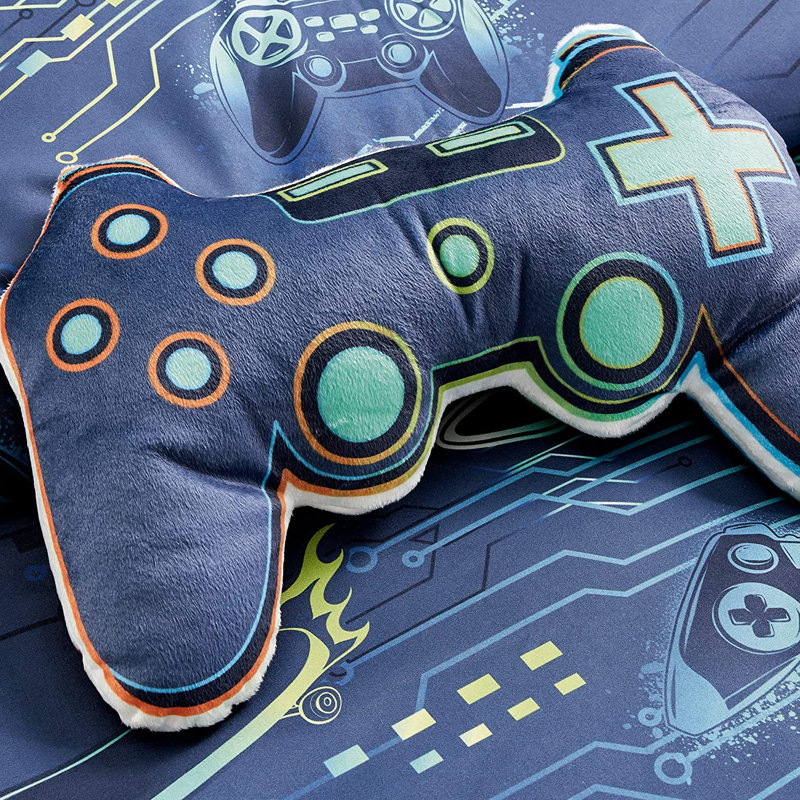 Twin Blue Microfiber Boys' Gamer Comforter Set