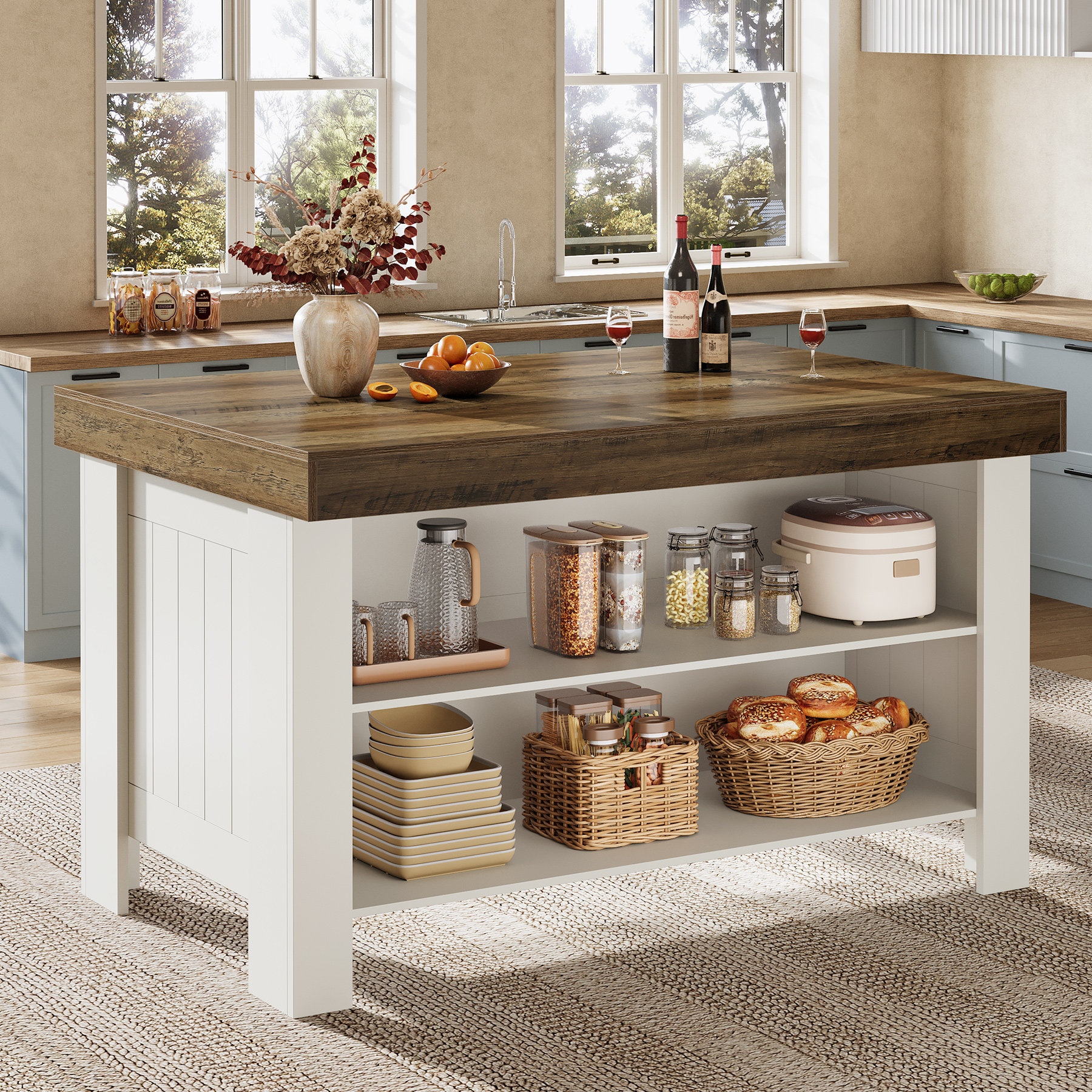 17 Stories 55" Farmhouse Kitchen Island Table With Storage & Seating ...
