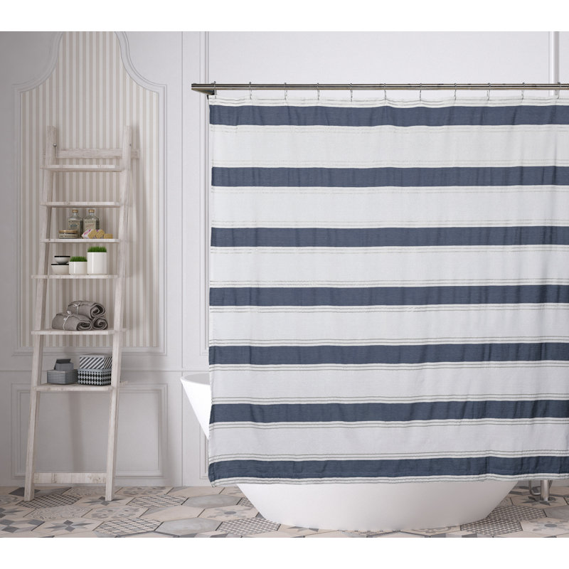 Rideau de douche simple à rayures 100% coton Spirzky, Blanc / bleu marine