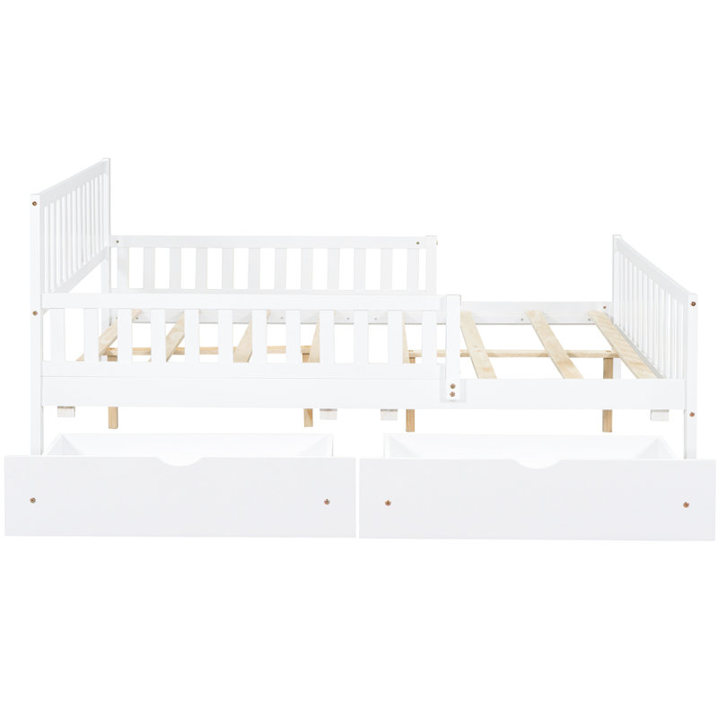 White Full Size Wood Bed With Guardrails And Smart Storage Solutions Classic Platform Two Drawers For A Stylish Bedroom, Full