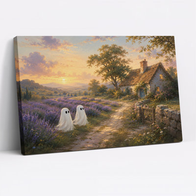 Two White Ghosts In Lavender Field Near Thatched Halloween Canvas Wall Art