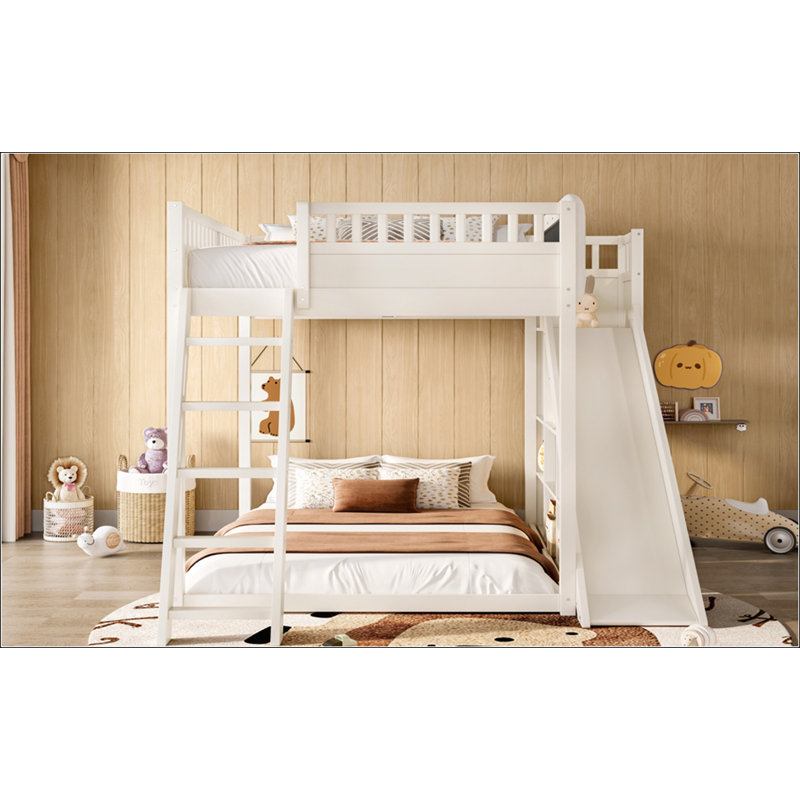 Lit mezzanine double avec tête de lit tapissier, tablettes de rangement, échelle et glissade, parfait pour économiser de l'espace et être multifonctionnel, beige