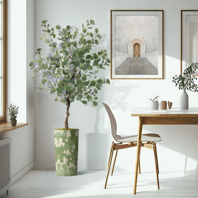 Arbre artificiel dans un pot de fleurs moderne, faux arbre en soie d'eucalyptus (décoration en pot et arbre), Vert abstrait