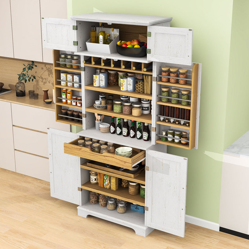 Armoire garde-manger haute avec tiroir caché, porte-bouteilles, tablettes réglables et portes, Blanc rétro