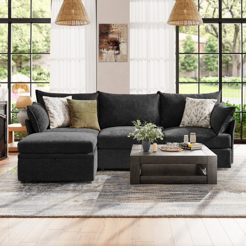 Merchelle 103' Wide Reversible Modern Modular Sectional Sofa With Storage Ottoman -Premium Chenille Fabric, Black Chenille