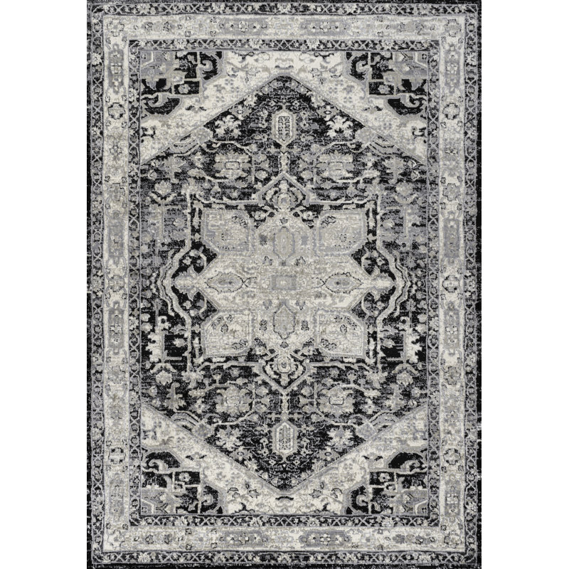 Lilith Vintage Medallion Black/Ivory Rug, Rectangle 7'9" x 10'