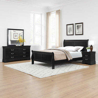 Ensemble de chambre à coucher grand lit quatre pièces Fy, poignées en métal nickel antique, noir