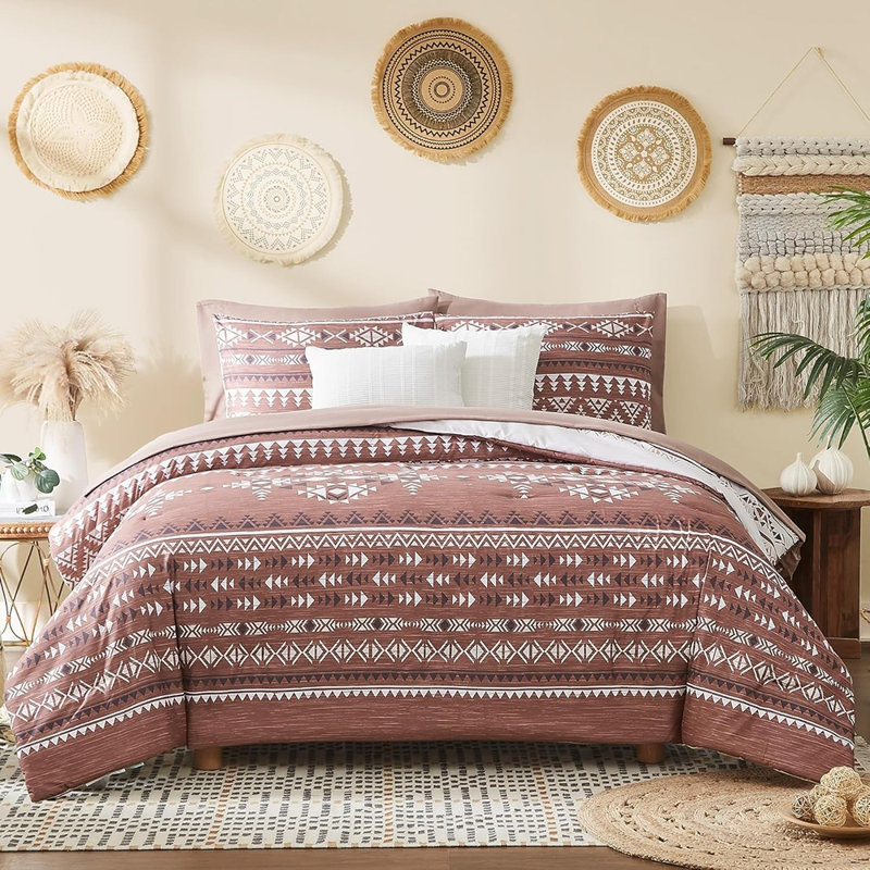 Ensemble d'édredon pour grand lit dans un sac bourgogne bourgogne - Literie réversible aztèque 7 pièces avec draps et taies décoratives