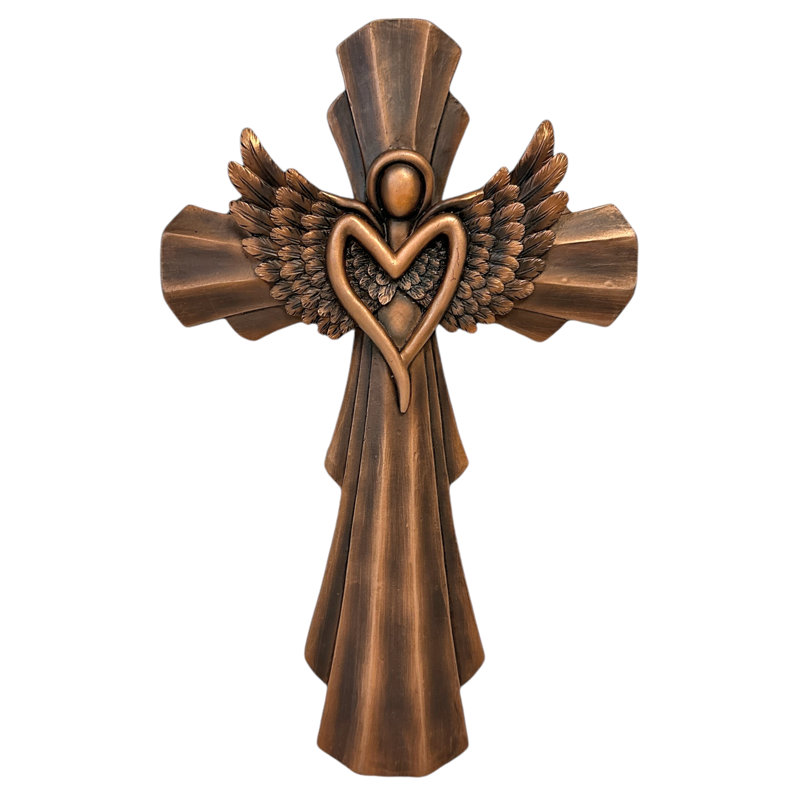 Croix en polyrésine avec ailes d'ange et cœur en bois